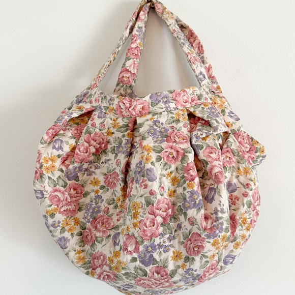 90s Floral Print Fabric Bag | Fully Lined with Pink Fabric - Picture 1 of 7